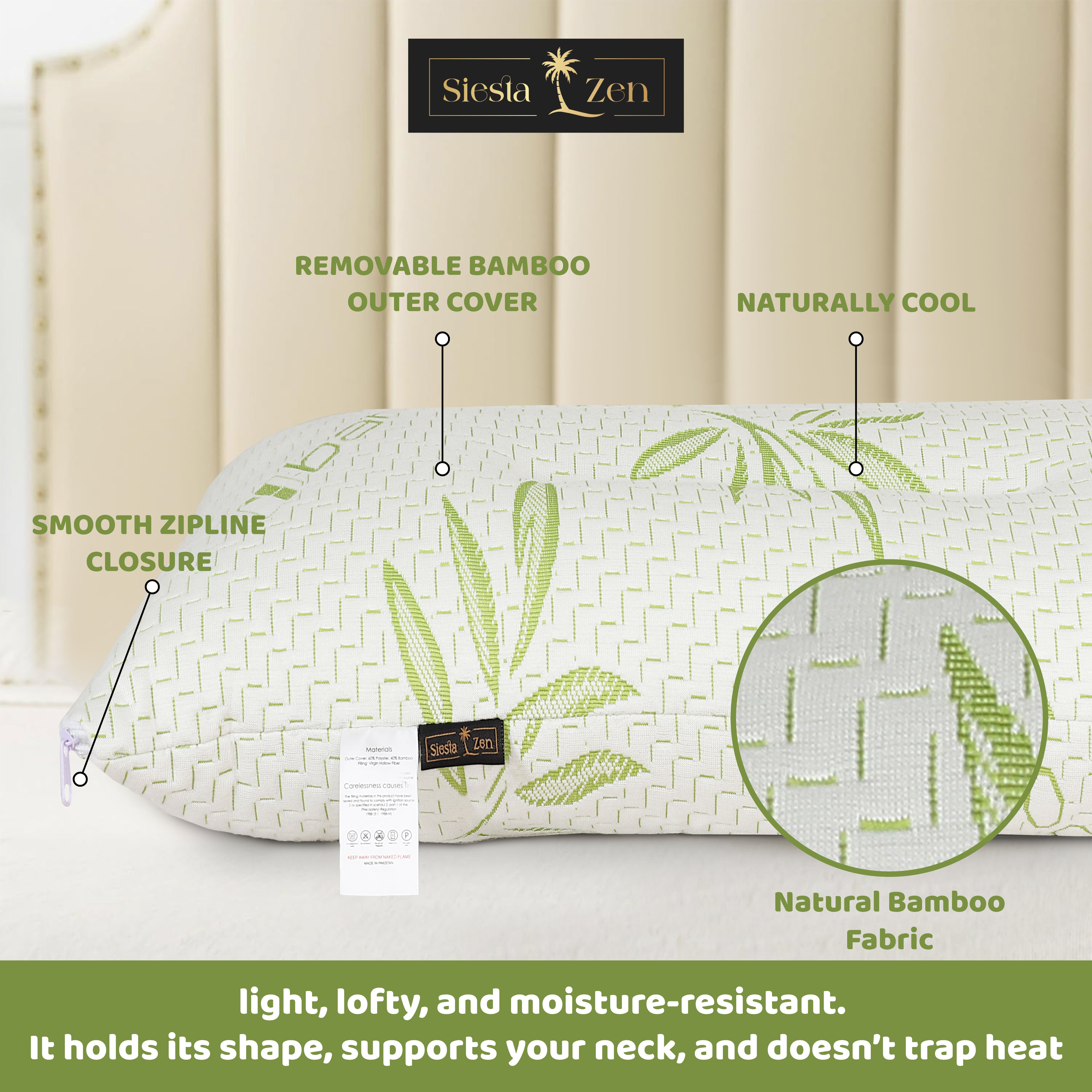 Ultimate Sleep Bamboo Filled Pillow (Pack of 2) Standard Size Ergonomic Bed Pillows with Zipper, Virgin Hollowfiber Fill, Hypoallergenic, Breathable, Cervical Neck Support for Side Sleepers (2, Green)