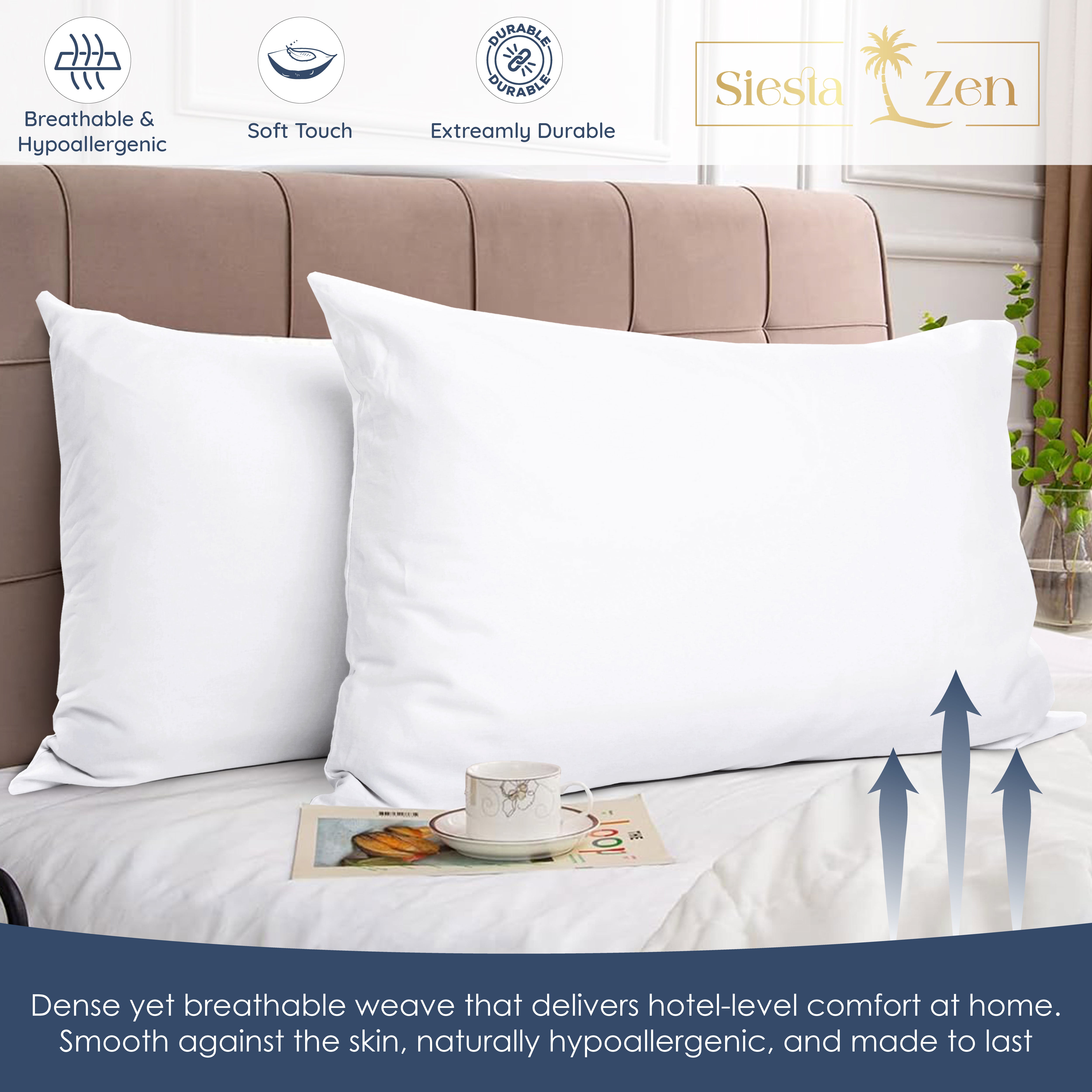 Siesta Zen 100% Egyptian Cotton Housewife Pillowcases 800 Thread Count Luxury Cooling Sateen, Ultra-Soft, Silky & Hypoallergenic 5 star Hotel Quality Standard size 50x75cm Pair pack