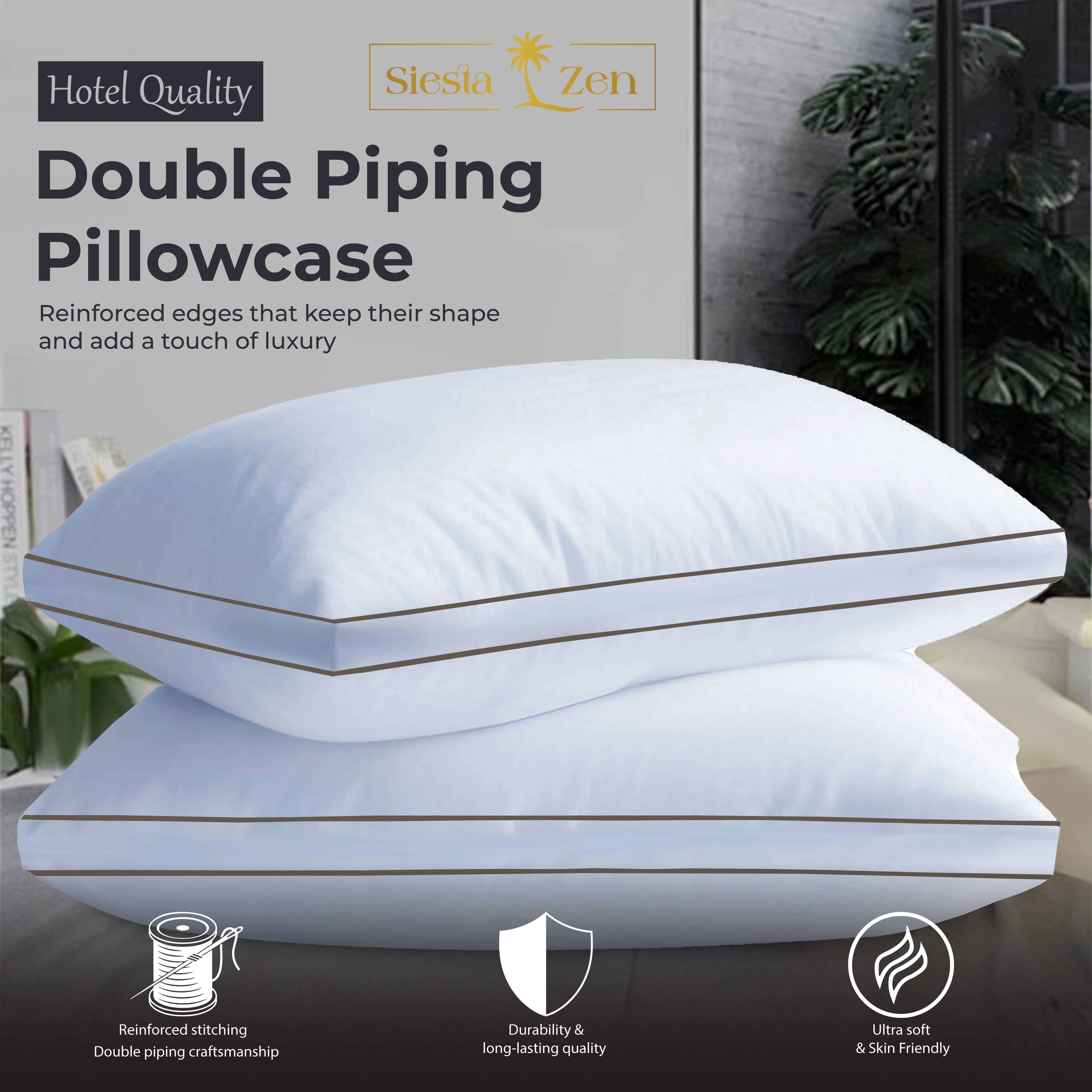 Hotel Quality Hollow-Fiber Filled Pillows (Pack of 2) – Plush Down-Alternative, Breathable, Hypoallergenic, Medium-Firm Support, Quick Bounce-Back, Double Piping Standard Pillows