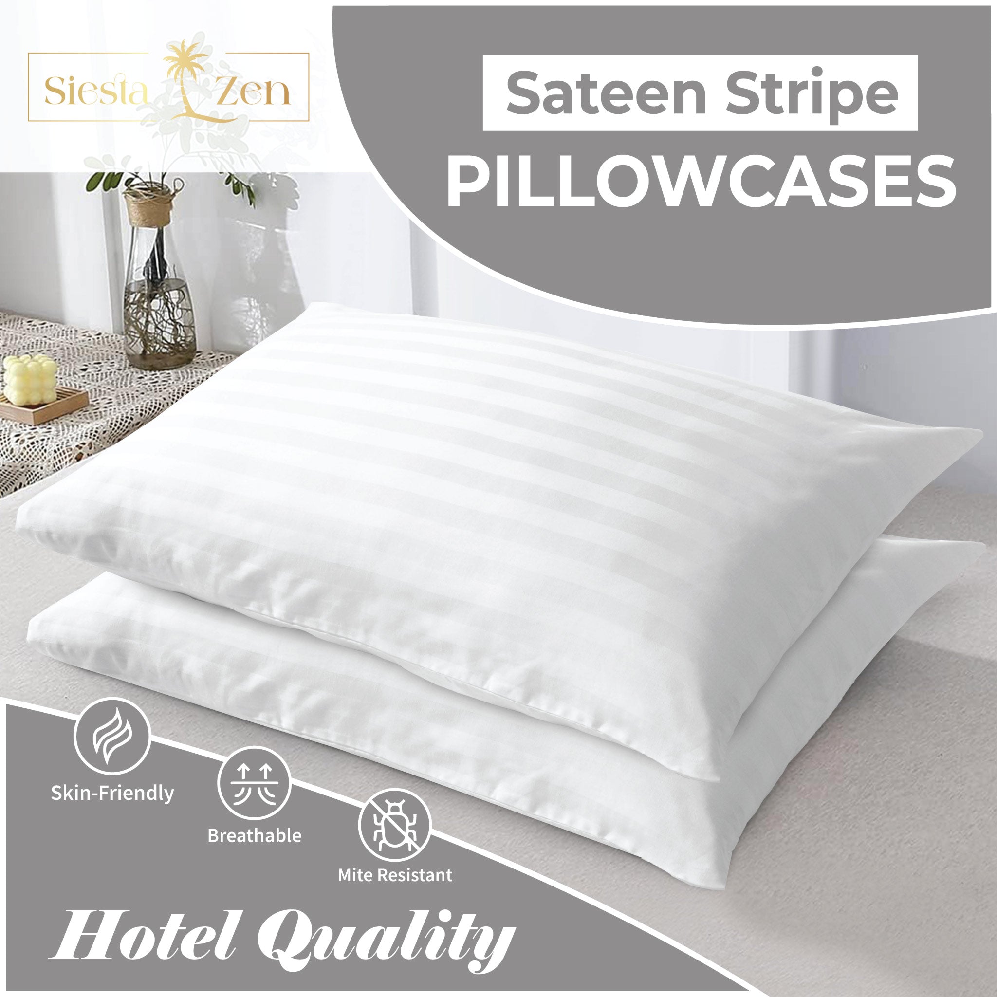 Siesta Zen 100% Cotton Luxury Hotel Sateen Pillow Covers (Pair) 2cm Satin Stripe, Ultra-Soft, Breathable & Hypoallergenic