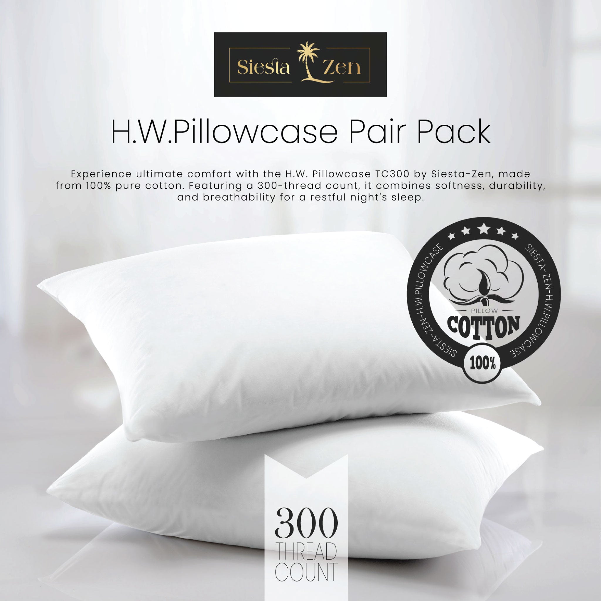 Siesta Zen 100% Egyptian Cotton Pillow Cover Set (2 Pieces) 300 Thread Count Percale, Ultra-Soft, Housewife Style Hotel Quality Pillowcases