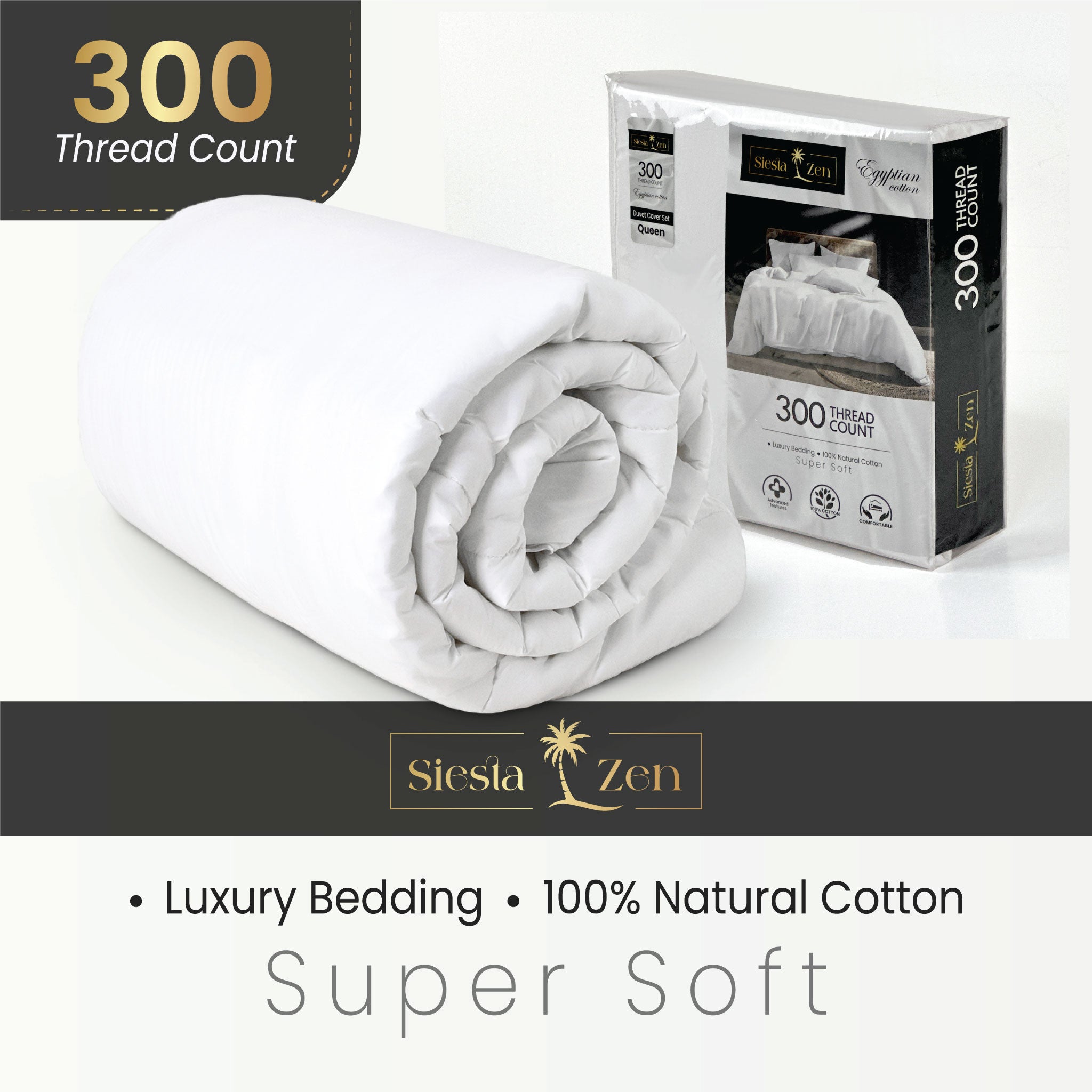 Siesta Zen 100% Egyptian Cotton Duvet Cover Set 300 Thread Count Percale Weave, Soft, Breathable & Luxury Hotel Quality Bedding