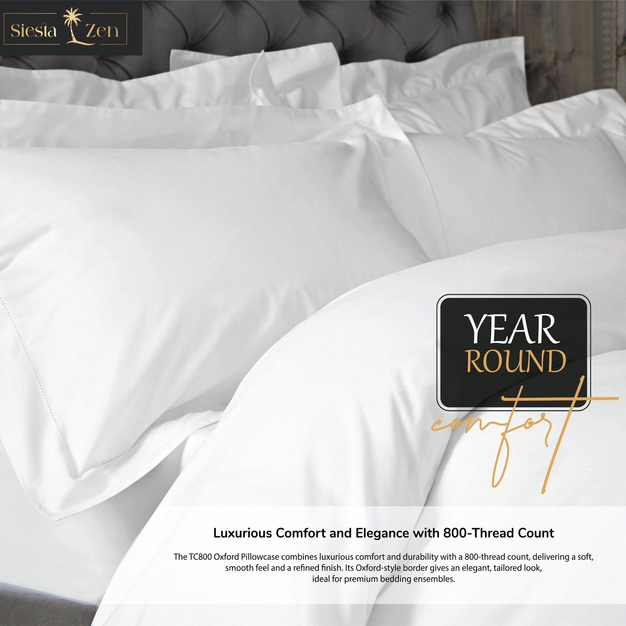 Siesta Zen 100% Egyptian Cotton 800 Thread Count Oxford Pillowcases (Pair) Luxury Cooling Sateen, Ultra-Soft, Silky & Hypoallergenic, 50x75cm with 5cm Hem