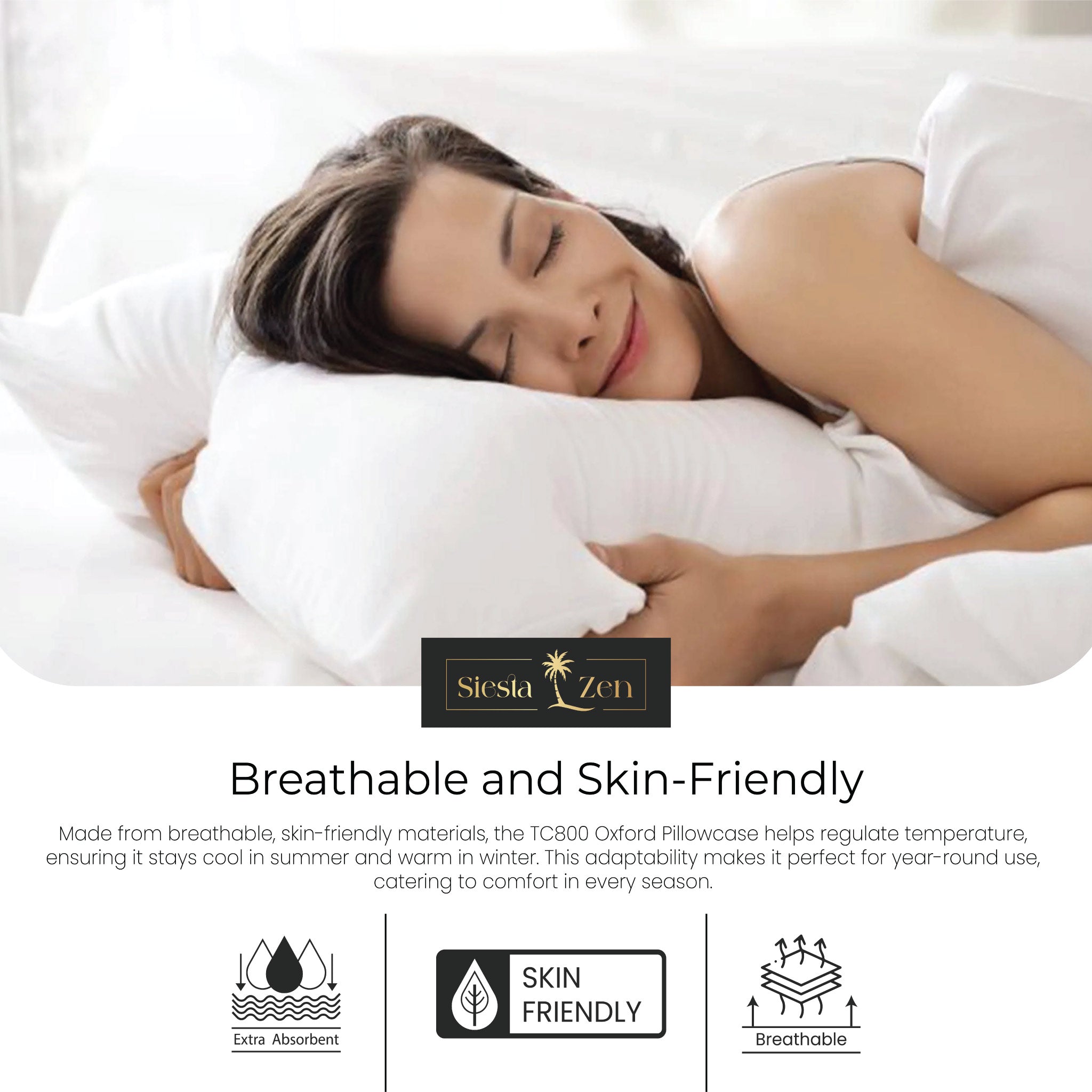 Siesta Zen 100% Egyptian Cotton 800 Thread Count Oxford Pillowcases (Pair) Luxury Cooling Sateen, Ultra-Soft, Silky & Hypoallergenic, 50x75cm with 5cm Hem