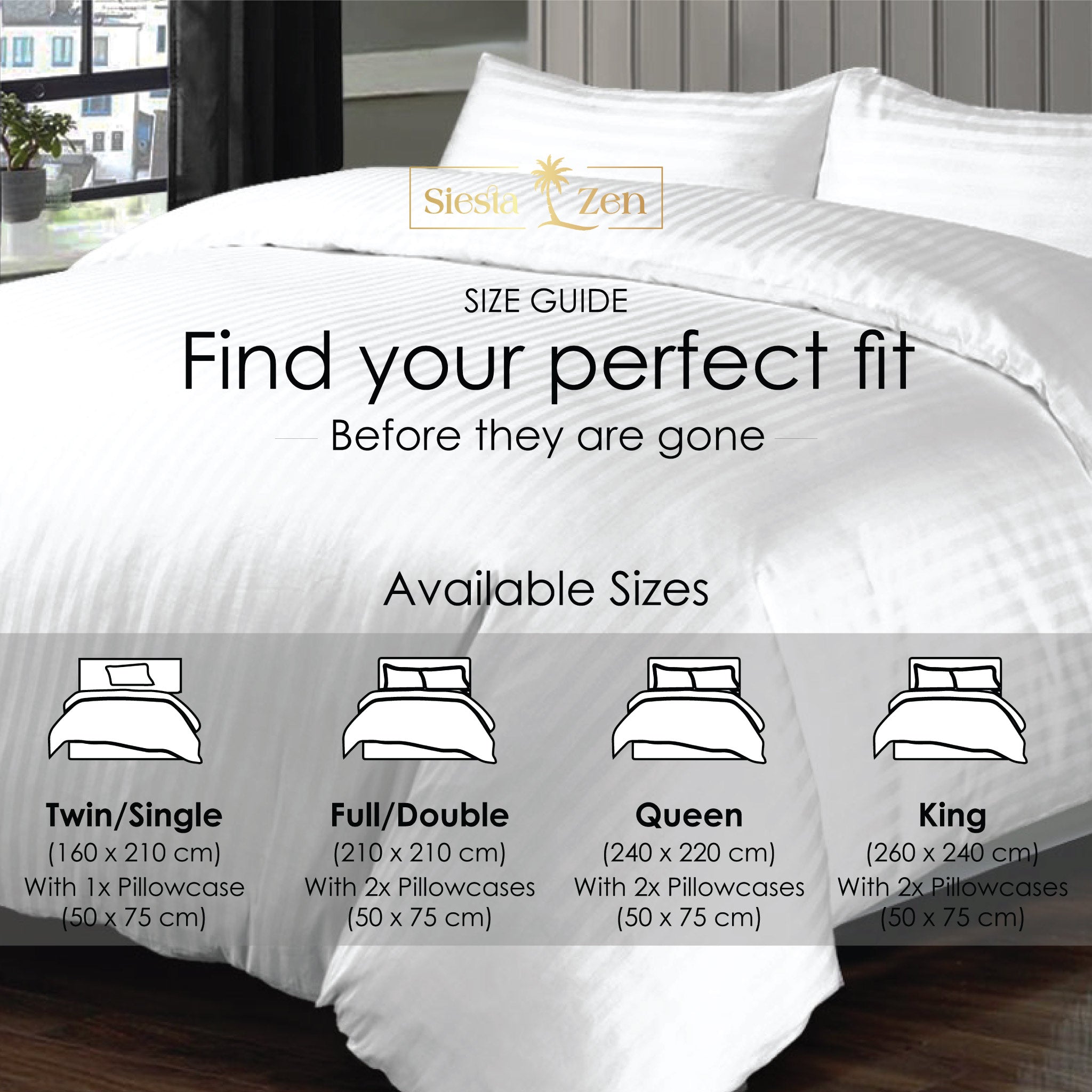 Siesta Zen 100% Cotton Hotel Luxury Sateen Duvet Cover Set, 2cm Satin Stripe, Ultra-Soft, Breathable & Hypoallergenic