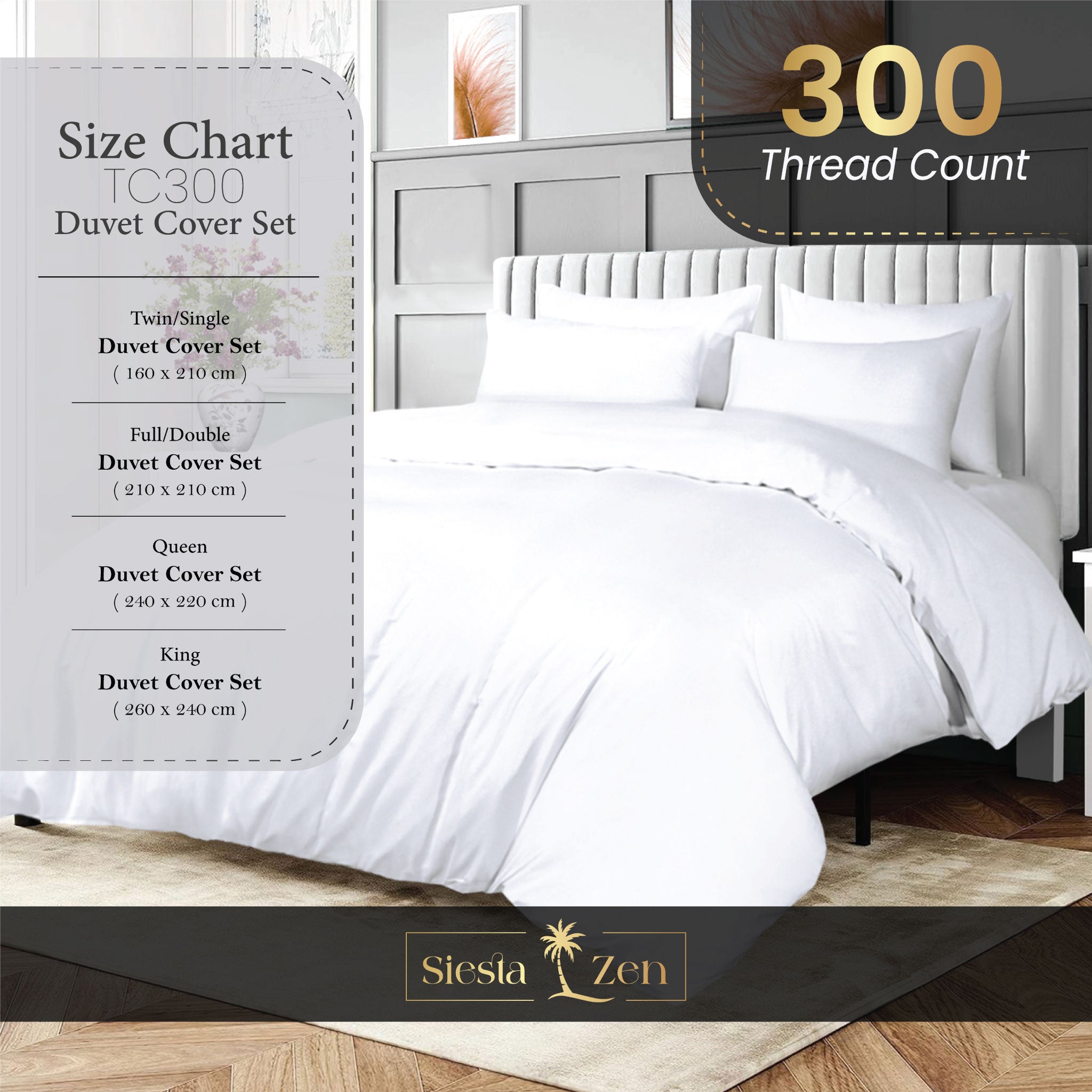 Siesta Zen 100% Egyptian Cotton Duvet Cover Set 300 Thread Count Percale Weave, Soft, Breathable & Luxury Hotel Quality Bedding