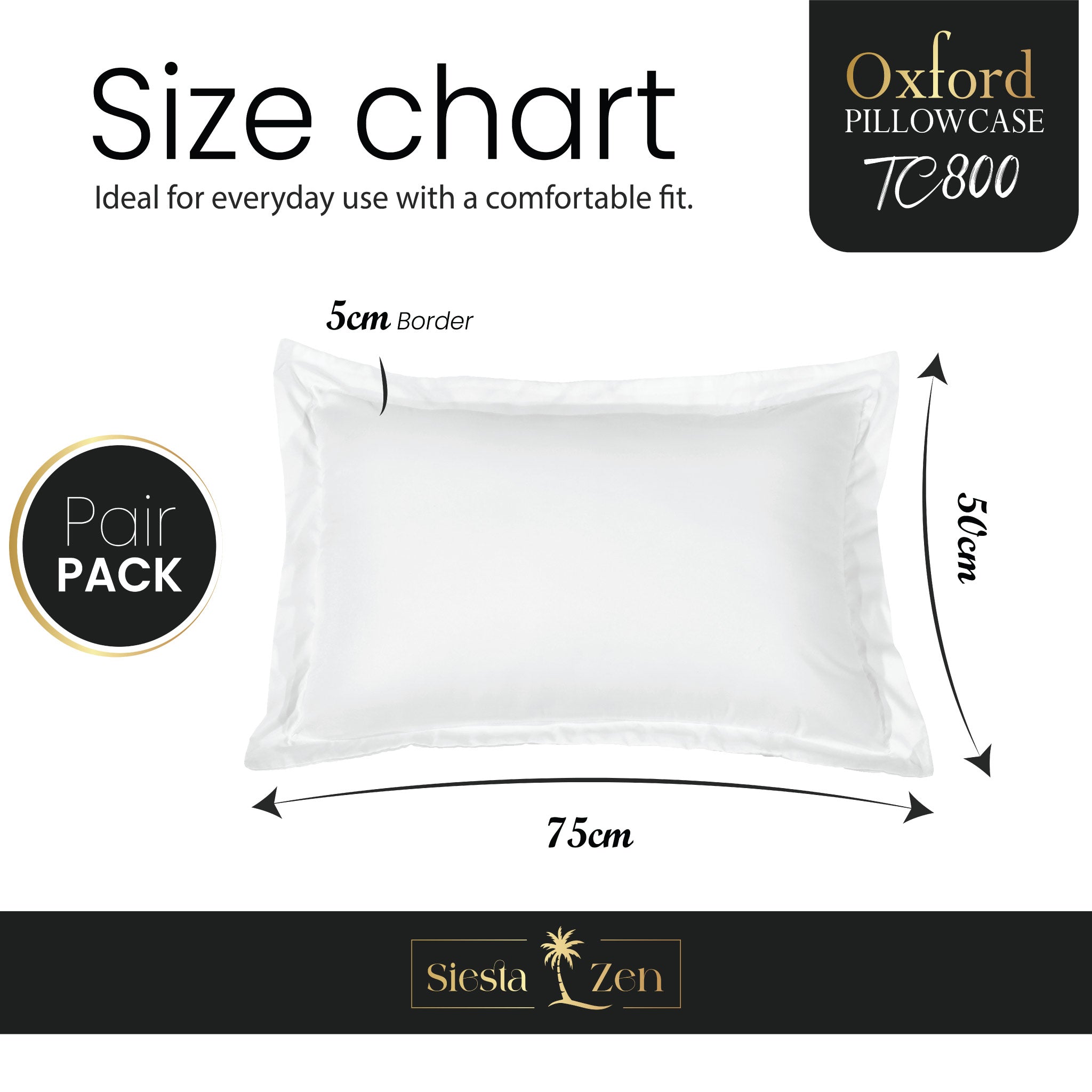 Siesta Zen 100% Egyptian Cotton 800 Thread Count Oxford Pillowcases (Pair) Luxury Cooling Sateen, Ultra-Soft, Silky & Hypoallergenic, 50x75cm with 5cm Hem