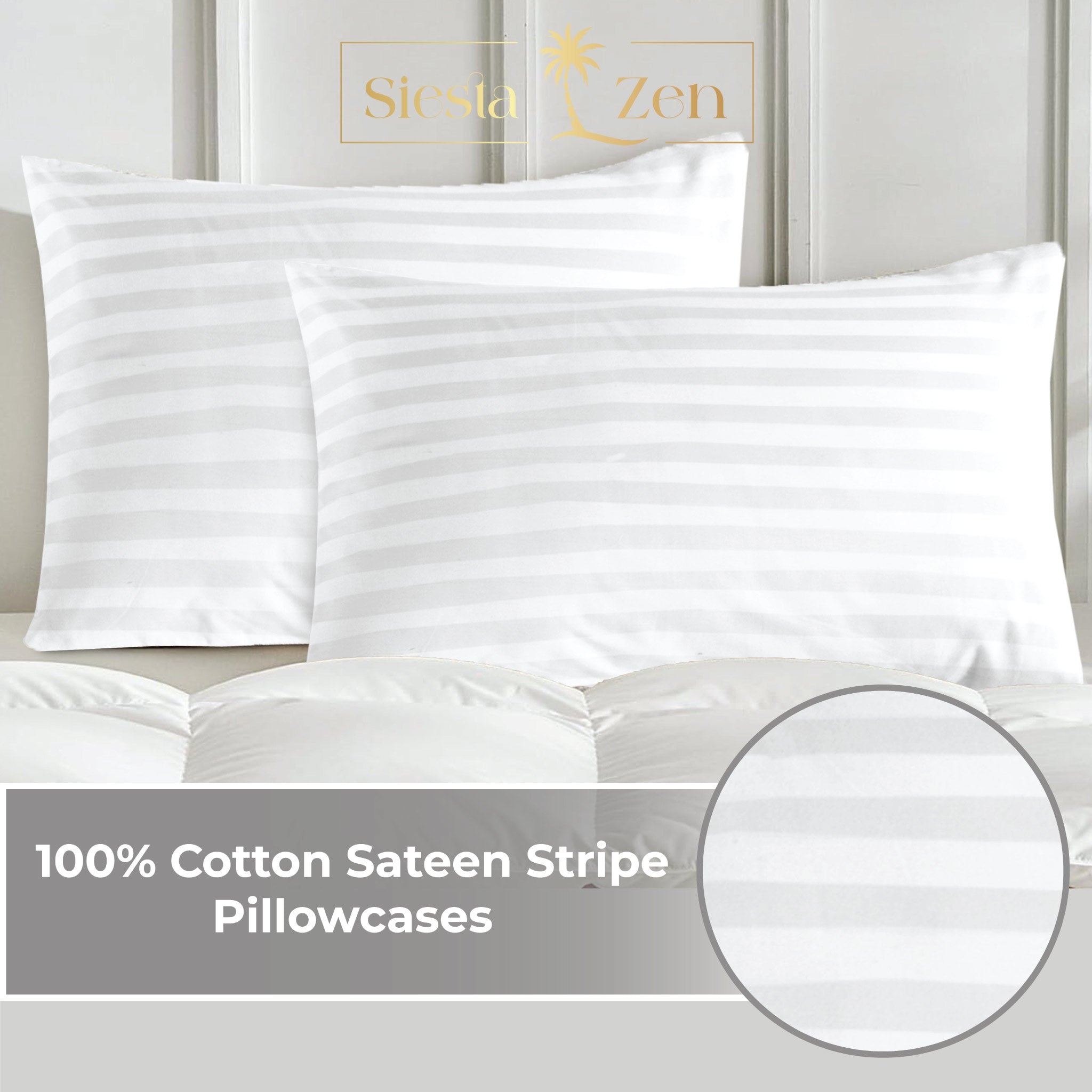 Siesta Zen 100% Cotton Luxury Hotel Sateen Pillow Covers (Pair) 2cm Satin Stripe, Ultra-Soft, Breathable & Hypoallergenic