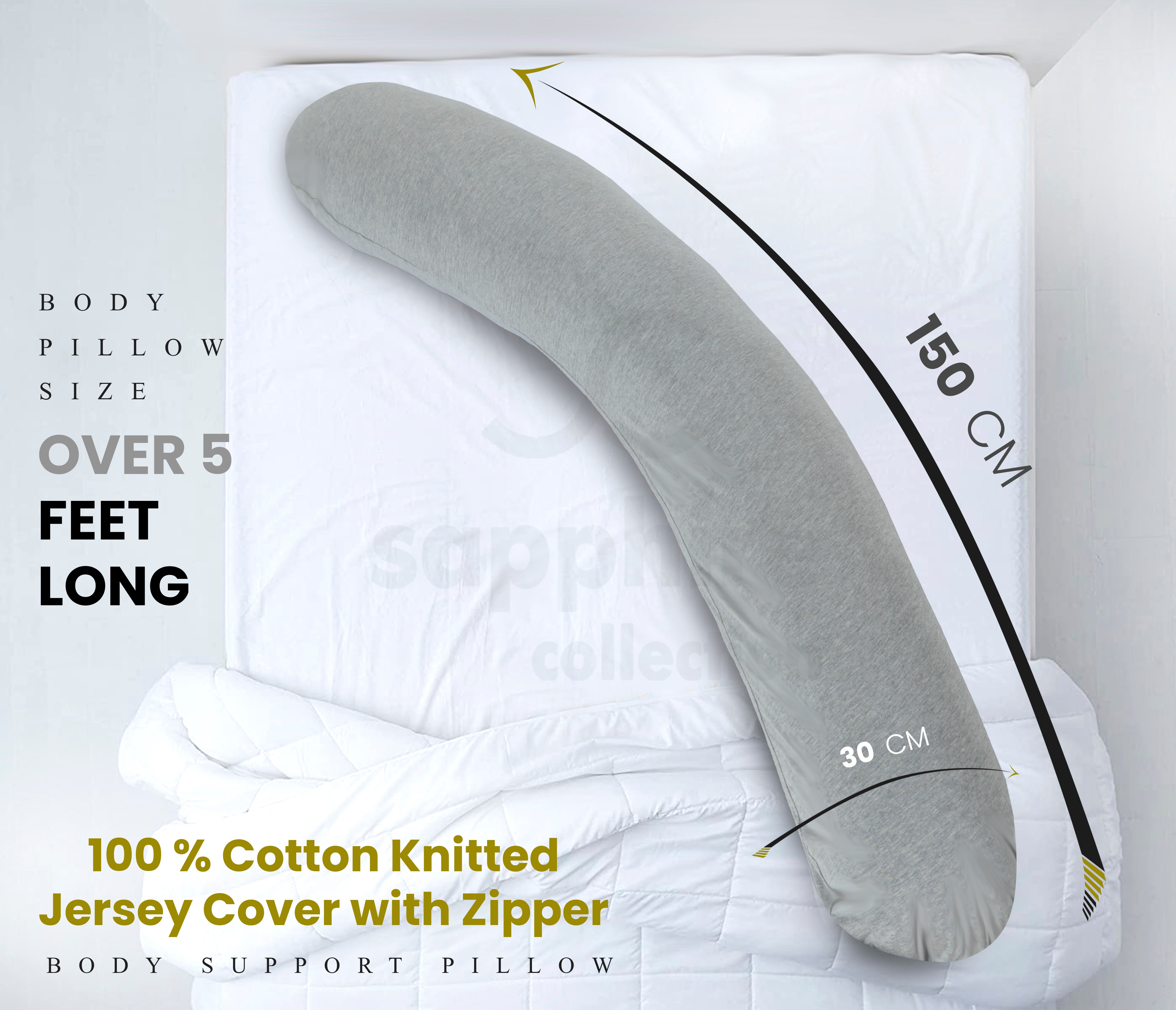 Siesta Zen® Full Long Body Women Pregnancy Support Pillow, Soft & Fluffy U-Shaped Maternity Pillow,Side Sleeper Adults Large size, Filled hollowfiber with Removable Jersey zipper Cover (Grey)